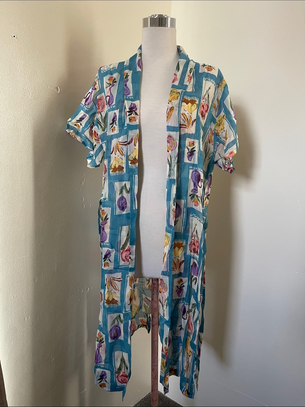 Vintage Teal Floral Print Open-Front Swim Coverup